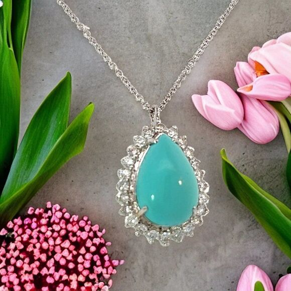Persian Turquoise Diamond Pendant With Chain 17" 14k WG 9.9 TCW Certified 307918 - Picture 3 of 17
